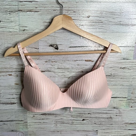Victoria Secret Tee Shirt Lightly Lined Wireless Bra pink striped 36C - Picture 1 of 9